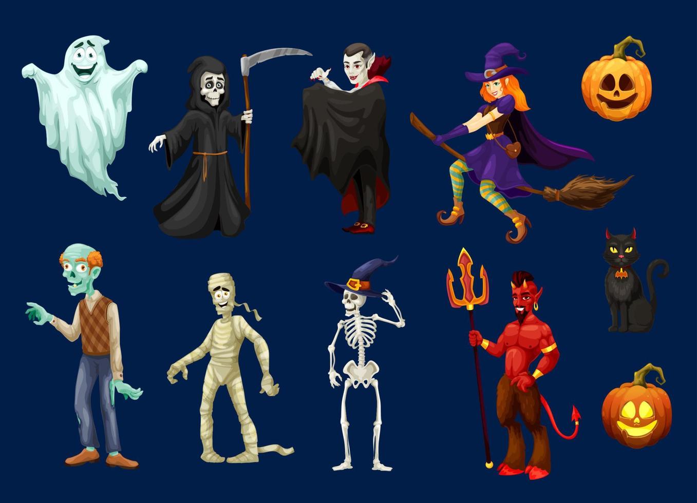 Cartoon spooky Halloween character personages vector