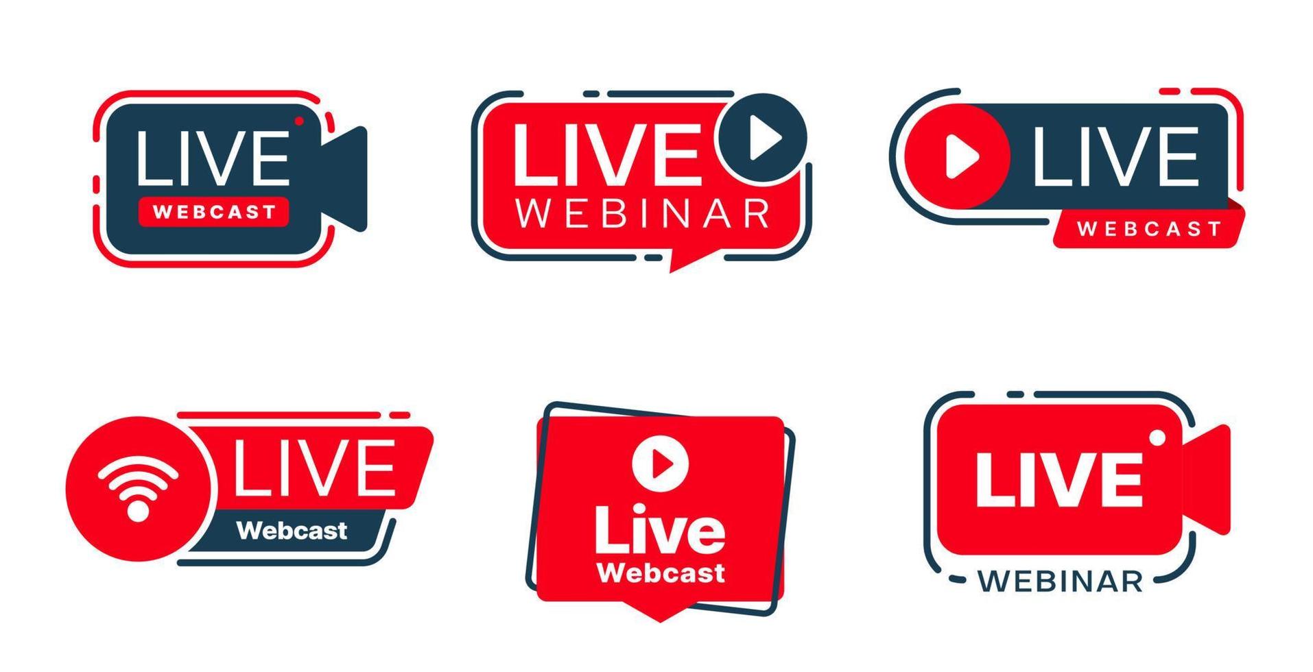 iconos de transmisión de video, webcast o webinar en vivo vector