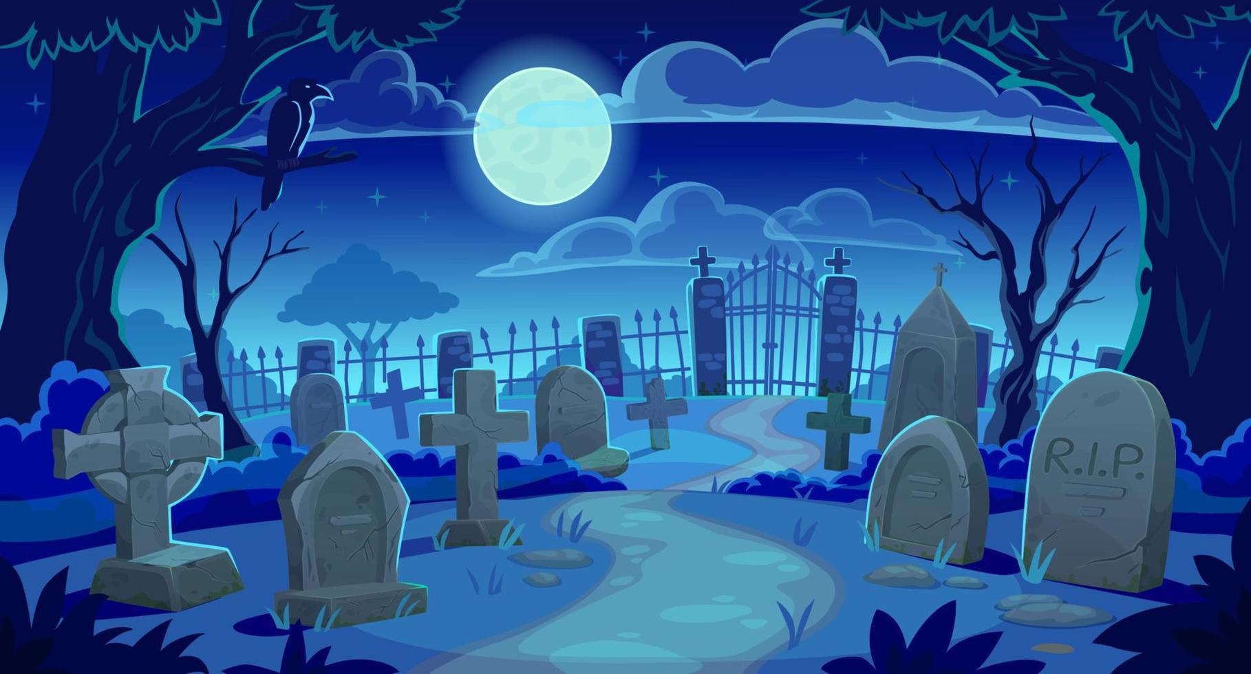 Cemetery landscape, graveyard and tombstones vector