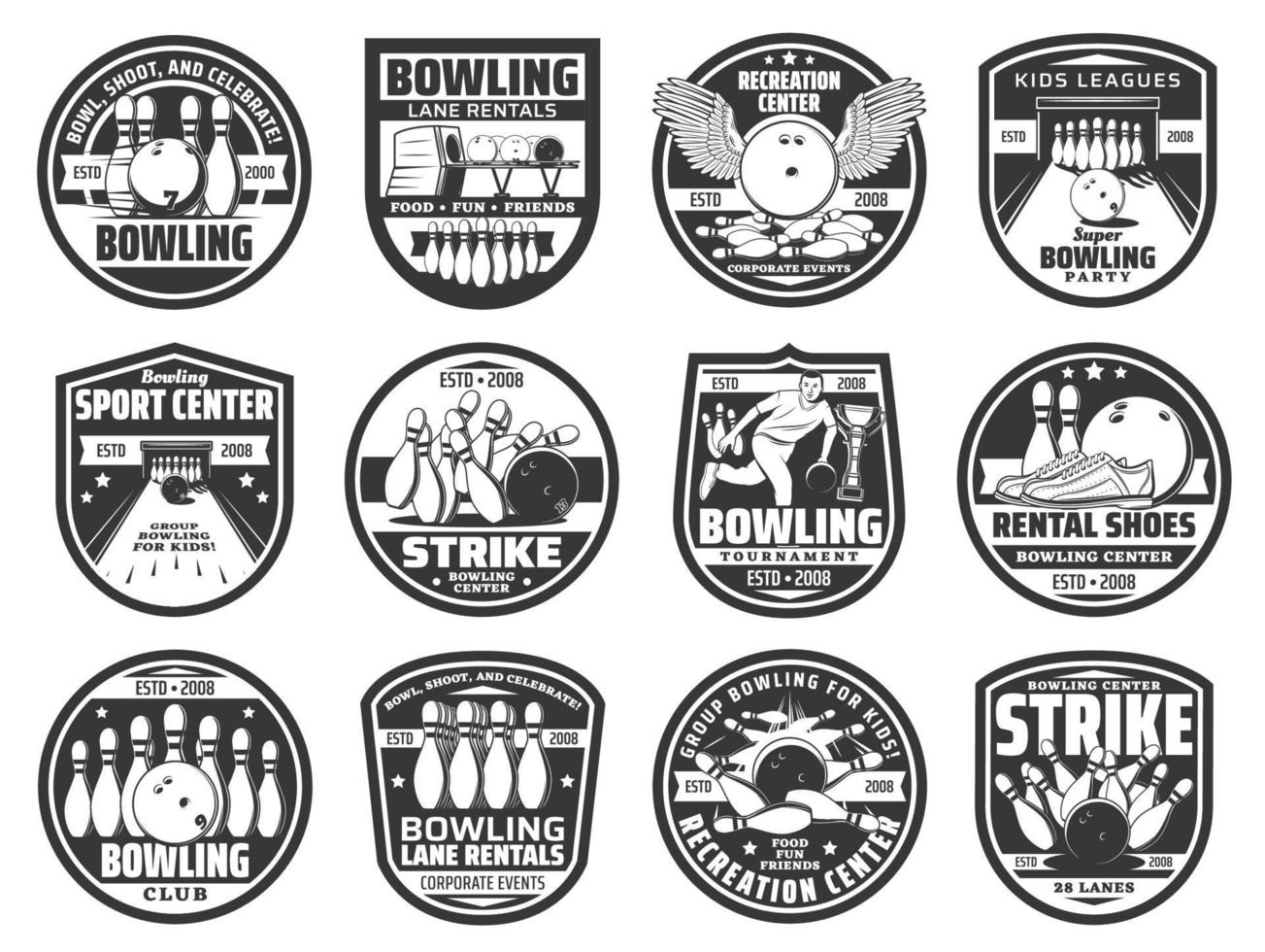 Bowling club ball icons, team strike and pin game vector