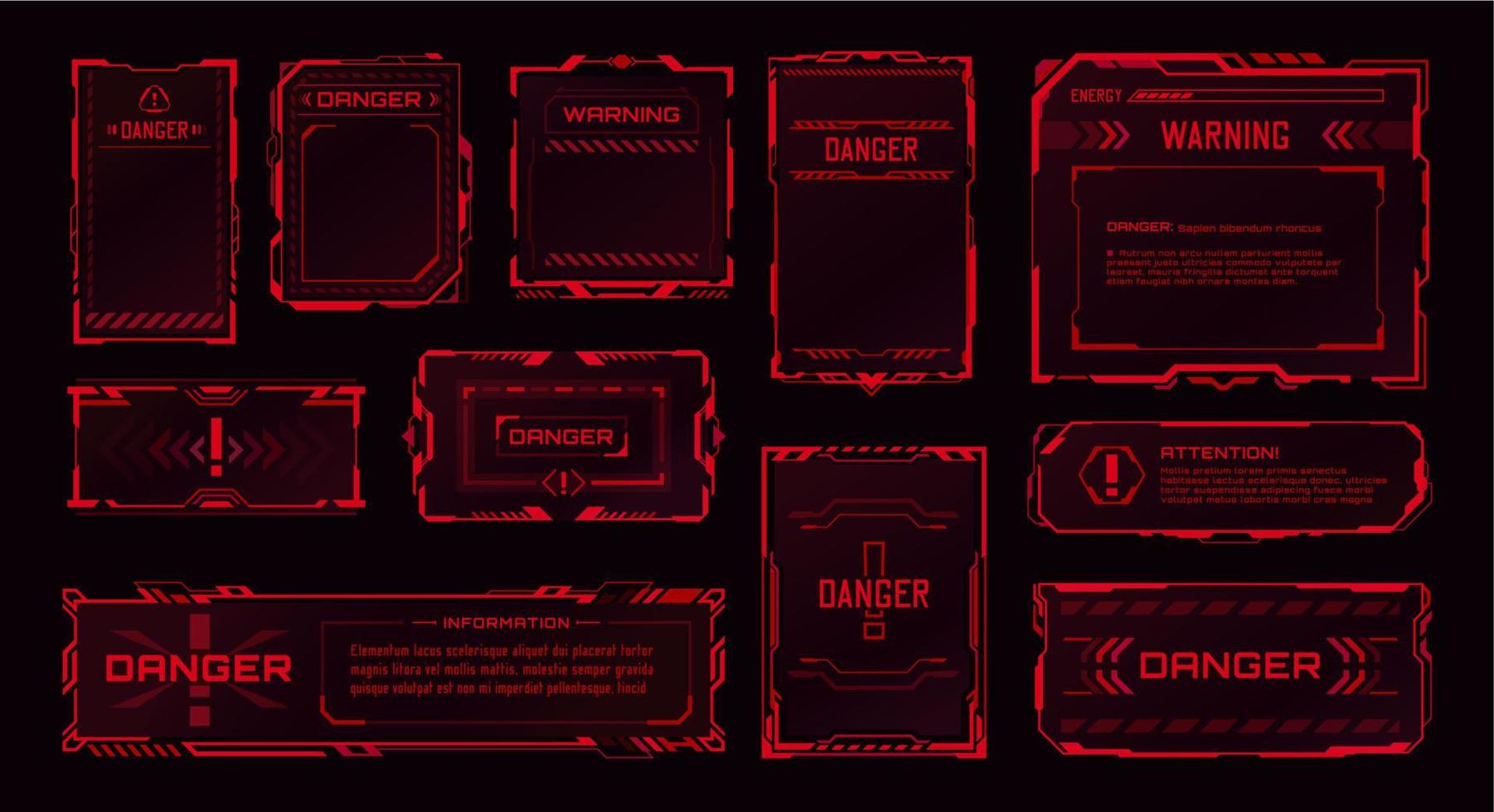 HUD danger zone, warning alert, danger red frames vector