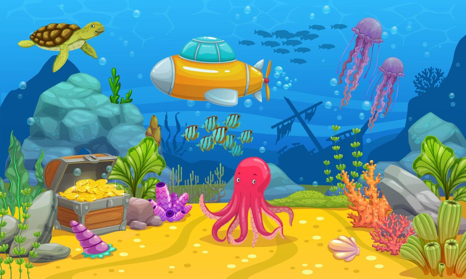 Underwater game landscape with submarine and ship vector