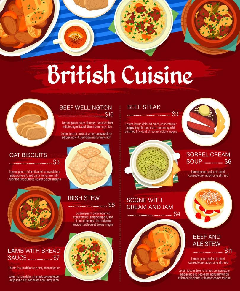 menú de comida de cocina británica con platos de restaurante vector