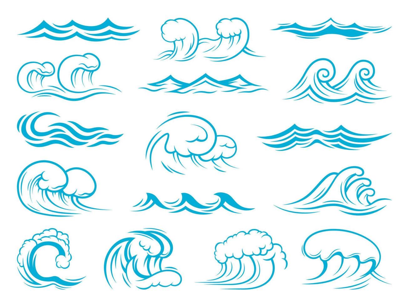 Sea and ocean wave icons, tsunami, surf waves set vector