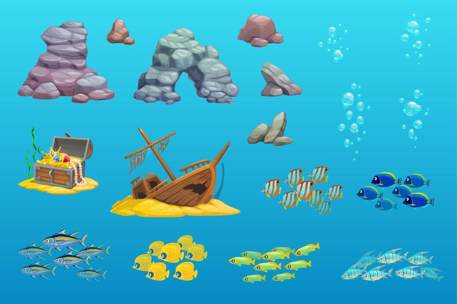 Underwater game asset. Cartoon ship, arch, stone vector