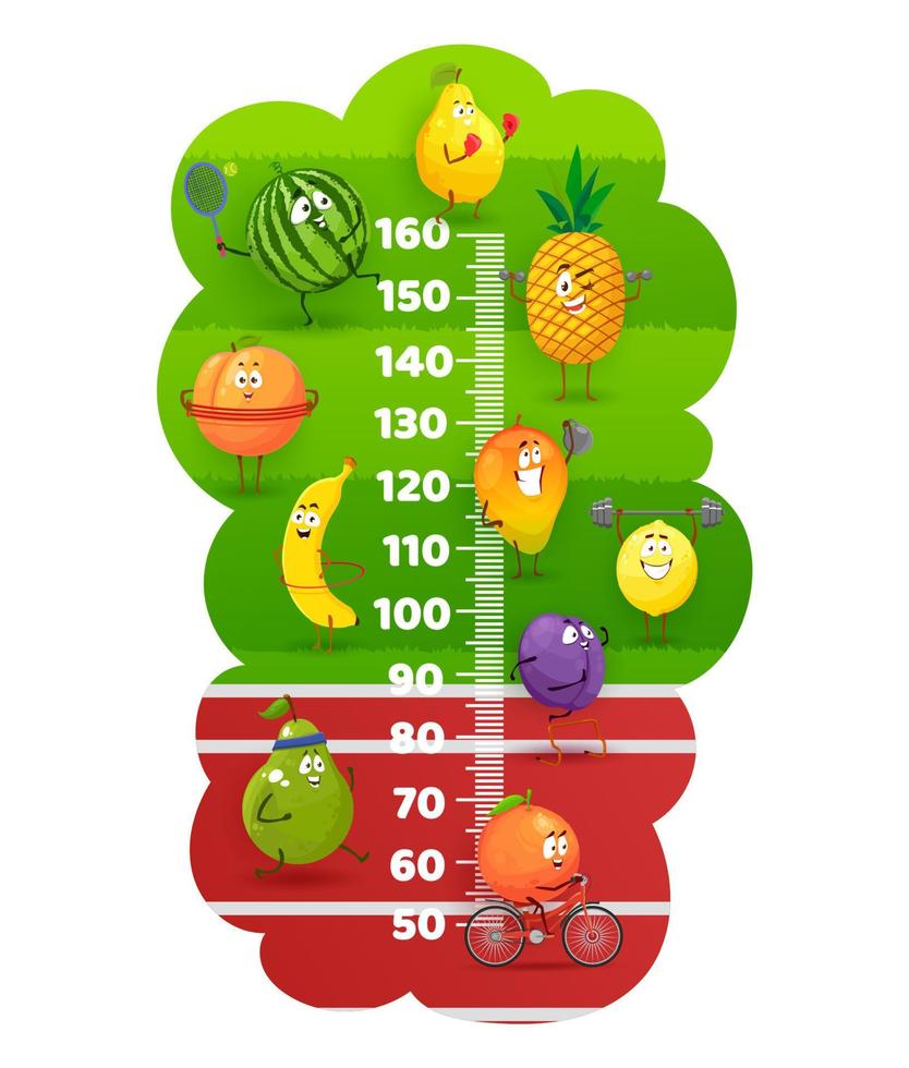 Happy fruits on a stadium field, kids height chart vector