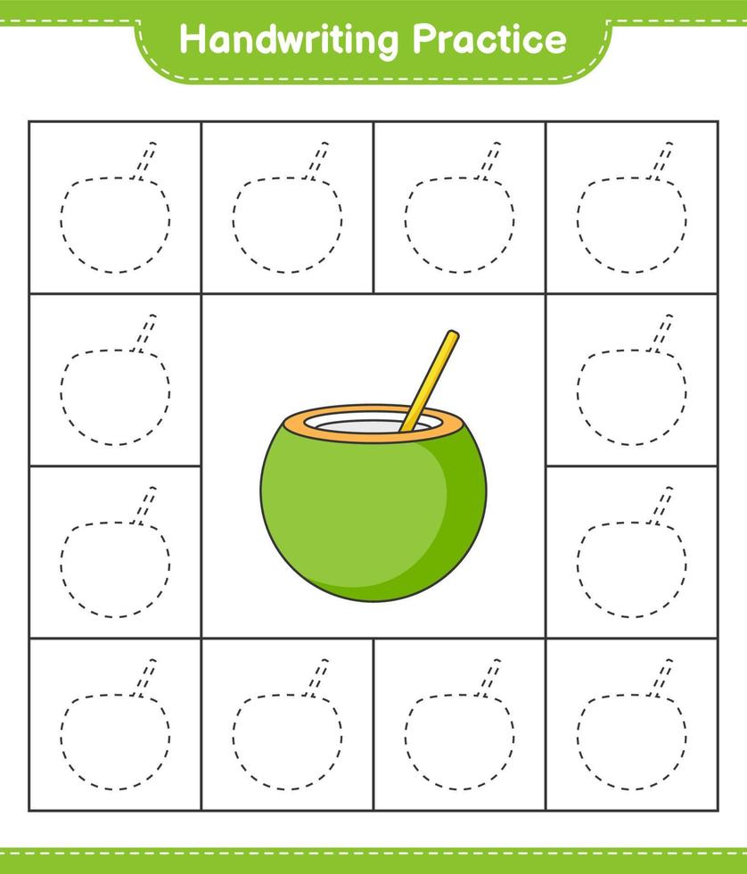 Handwriting practice. Tracing lines of Coconut. Educational children game, printable worksheet, vector illustration