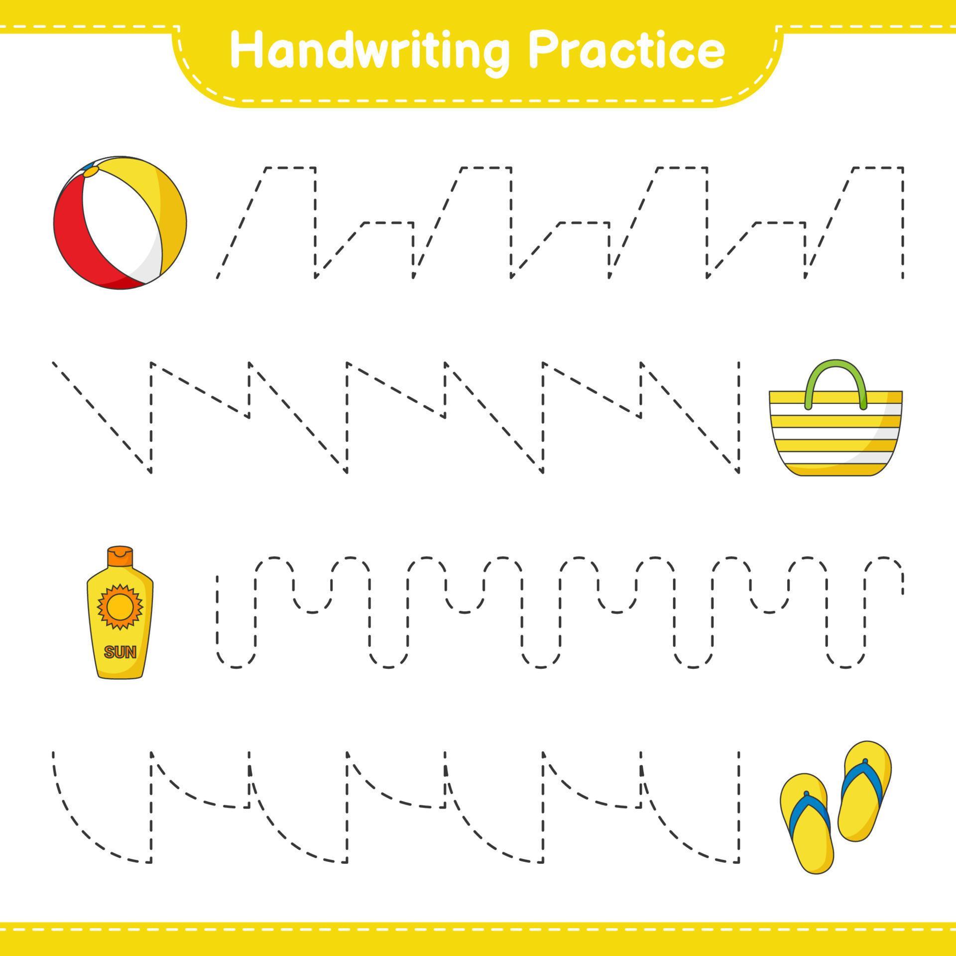 Handwriting practice. Tracing lines of Ball, Sunscreen, Bad, and