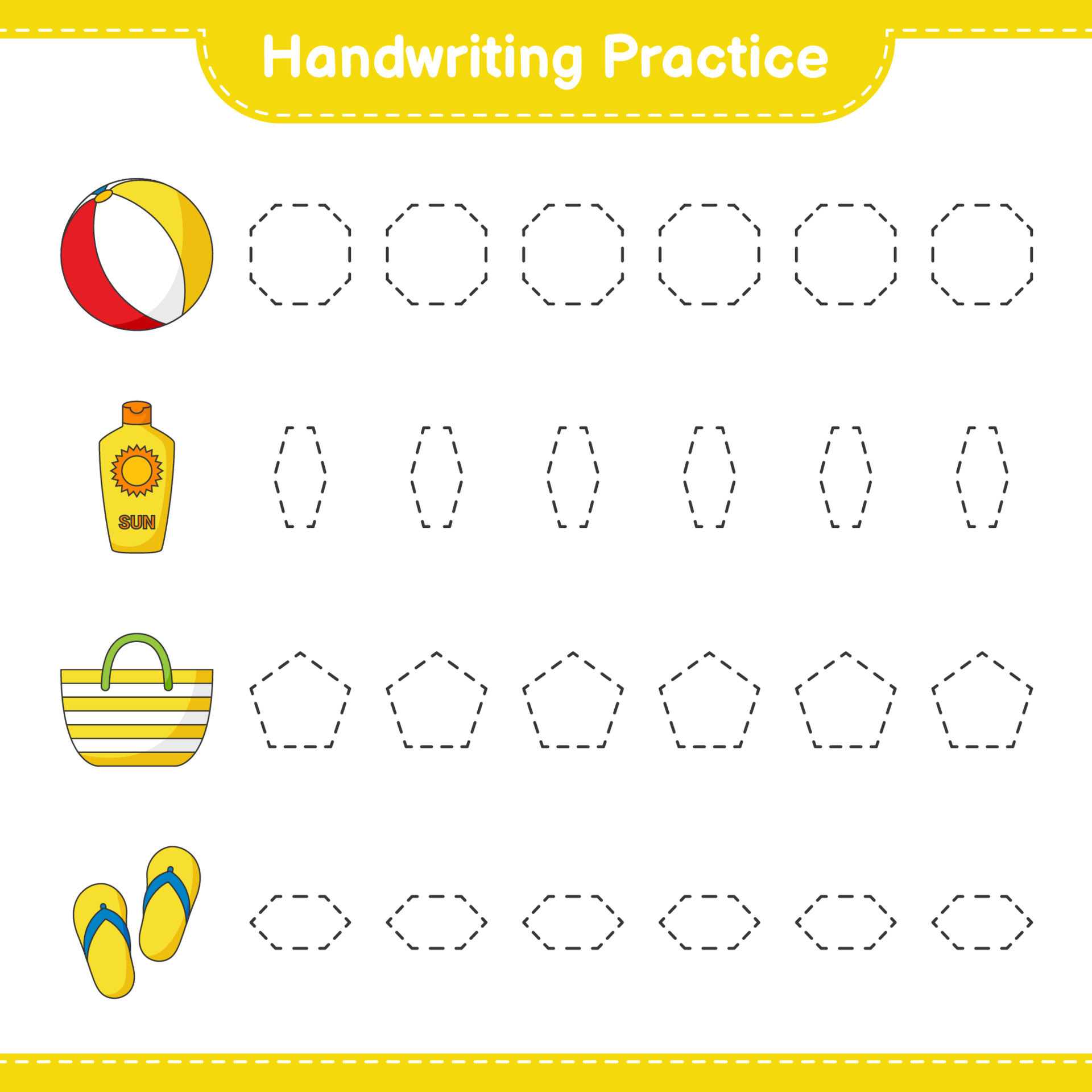 Handwriting practice. Tracing lines of Ball, Sunscreen, Bad, and