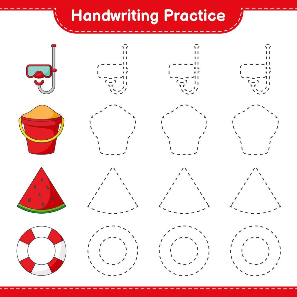 Handwriting practice. Tracing lines of Diving Mask, Sand Bucket, Watermelon, and Lifebuoy. Educational children game, printable worksheet, vector illustration