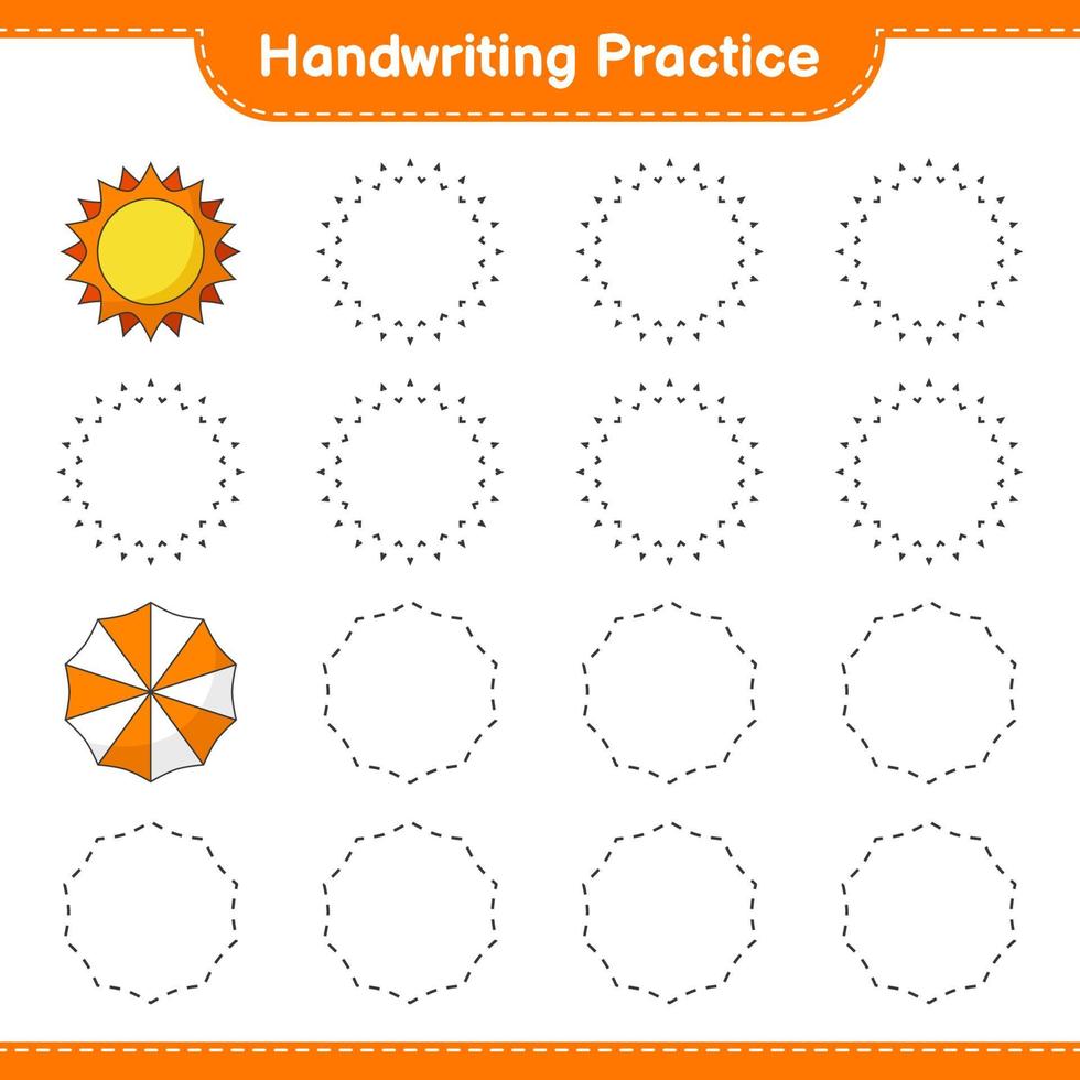 práctica de escritura a mano. trazando líneas de sol y sombrilla. juego educativo para niños, hoja de cálculo imprimible, ilustración vectorial vector