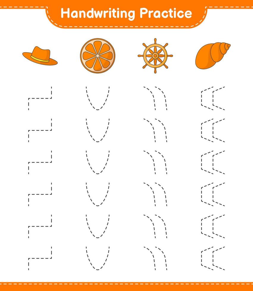 Handwriting practice. Tracing lines of Hat, Orange, Ship Steering, and Sea Shells. Educational children game, printable worksheet, vector illustration