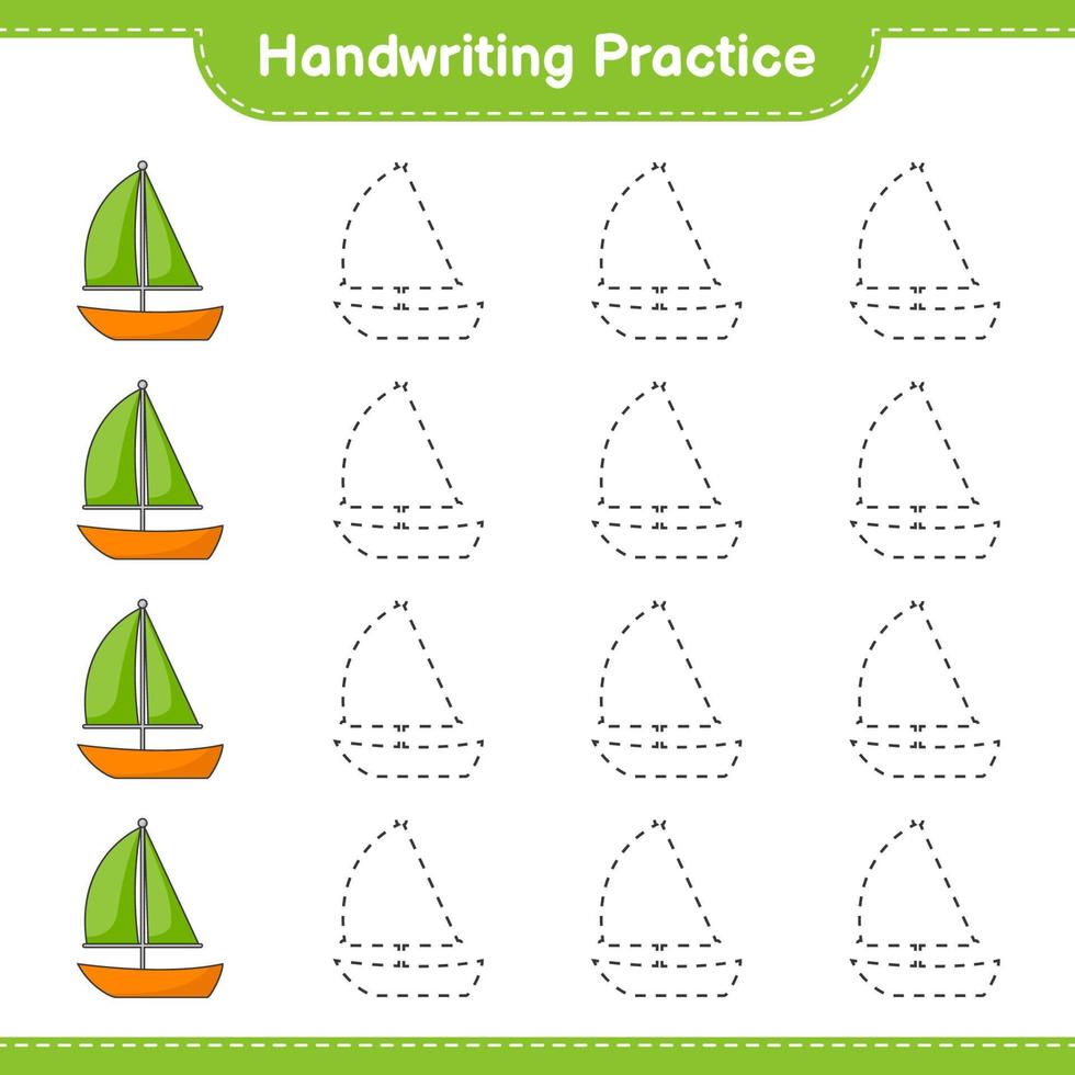 Handwriting practice. Tracing lines of Sailboat. Educational children game, printable worksheet, vector illustration