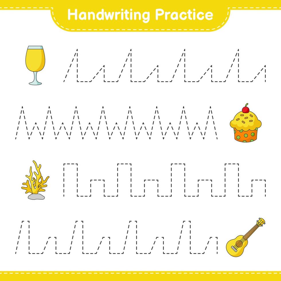 Handwriting practice. Tracing lines of Cocktail, Coral, Cup Cake, and Ukulele. Educational children game, printable worksheet, vector illustration