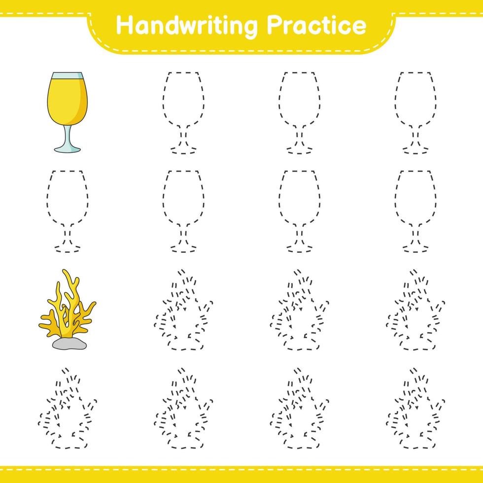 Handwriting practice. Tracing lines of Coral and Cocktail. Educational children game, printable worksheet, vector illustration
