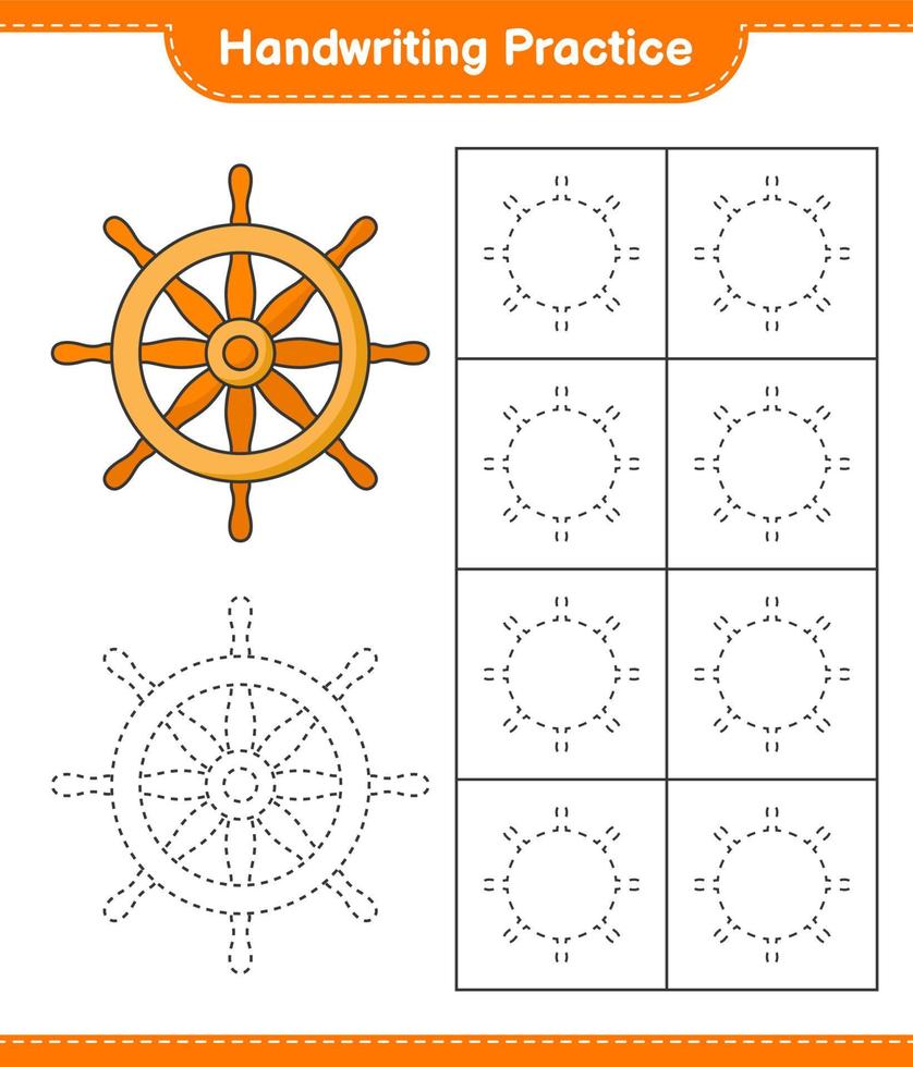 Handwriting practice. Tracing lines of Ship Steering Wheel. Educational children game, printable worksheet, vector illustration