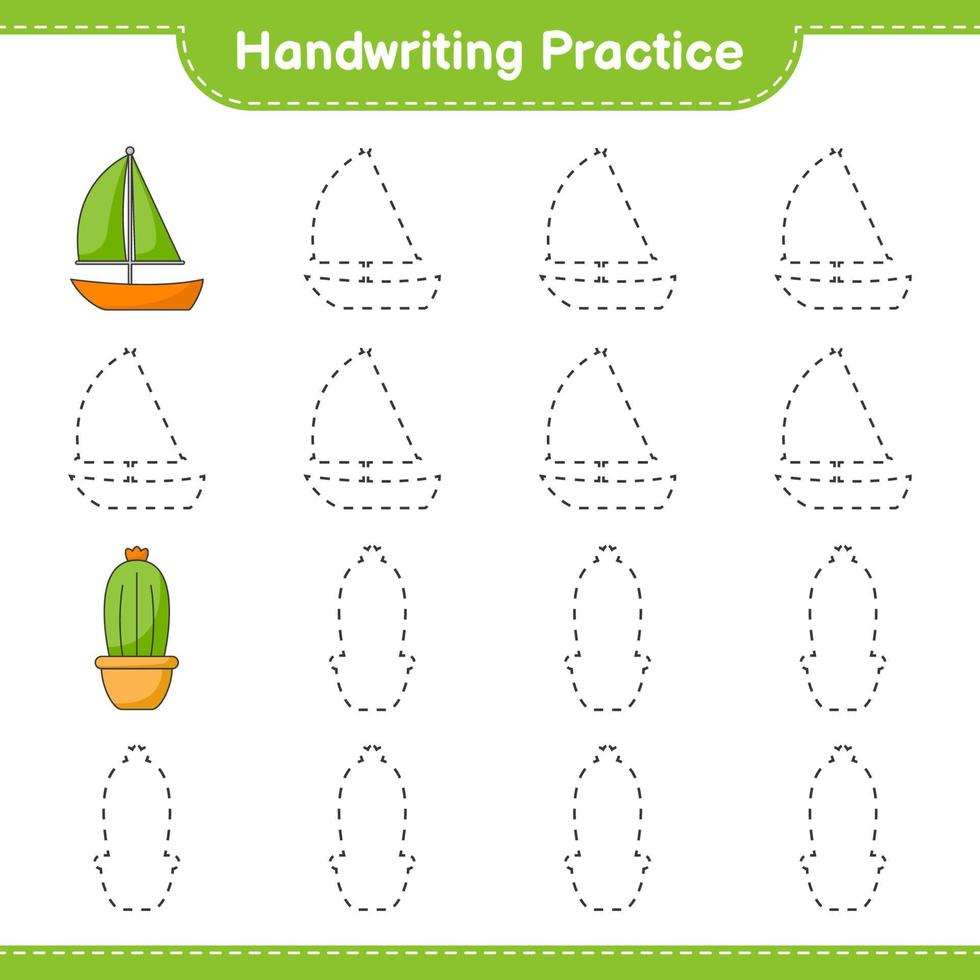 Handwriting practice. Tracing lines of Cactus and Sailboat. Educational children game, printable worksheet, vector illustration