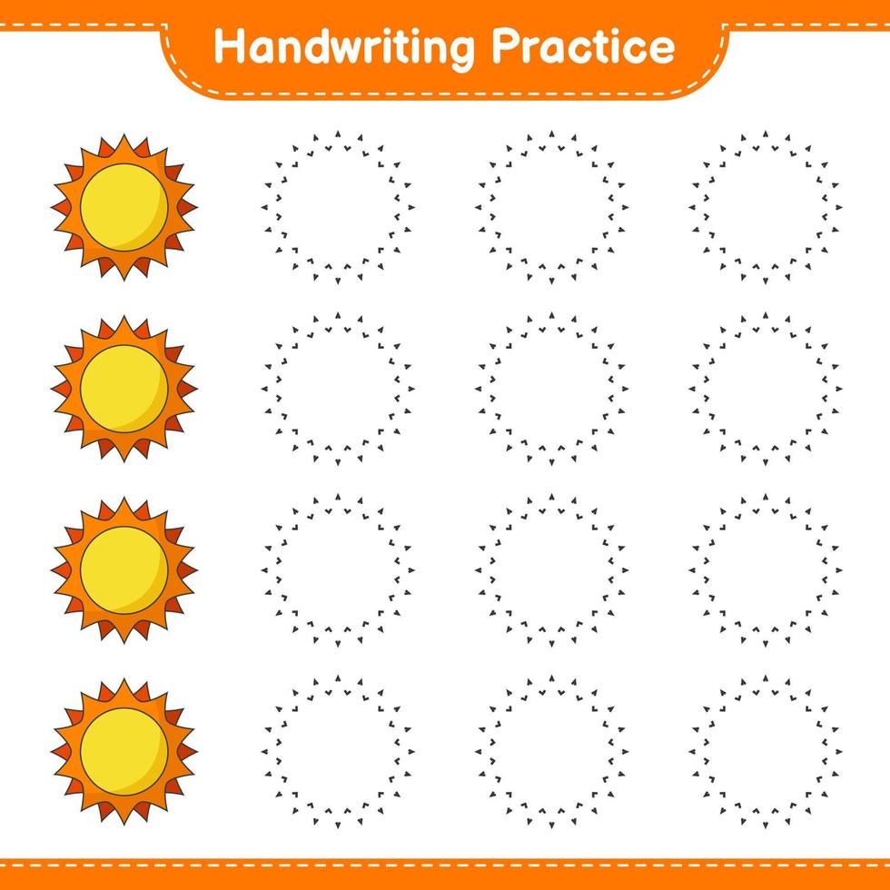 práctica de escritura a mano. trazando líneas de sol. juego educativo para niños, hoja de cálculo imprimible, ilustración vectorial vector