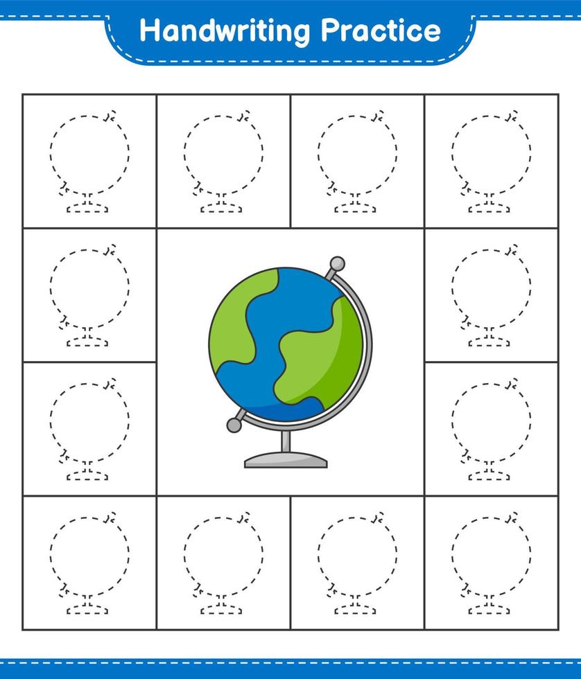 Handwriting practice. Tracing lines of Globe. Educational children game, printable worksheet, vector illustration