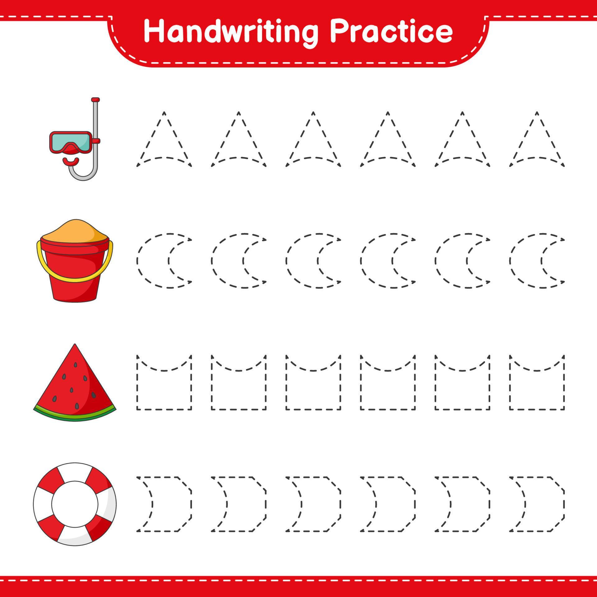 Handwriting practice. Tracing lines of Diving Mask, Sand Bucket