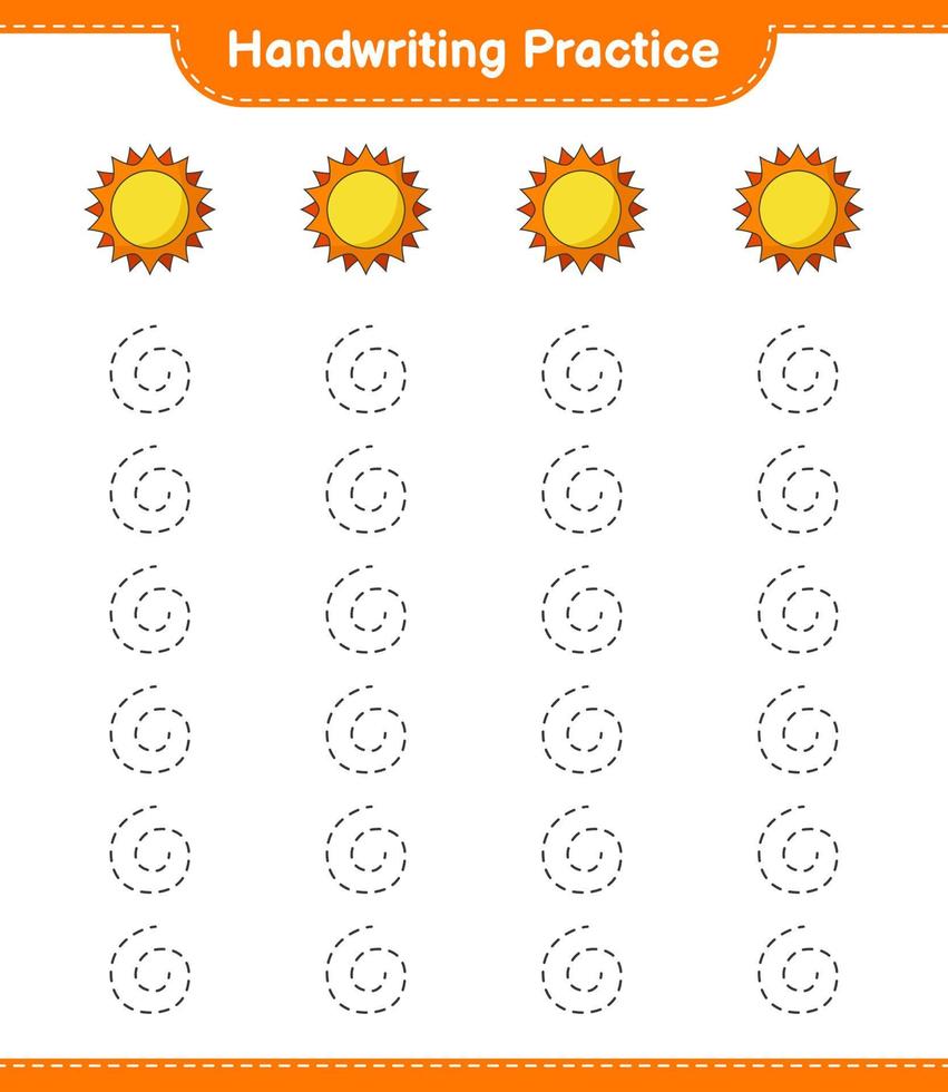 Handwriting practice. Tracing lines of Sun. Educational children game, printable worksheet, vector illustration