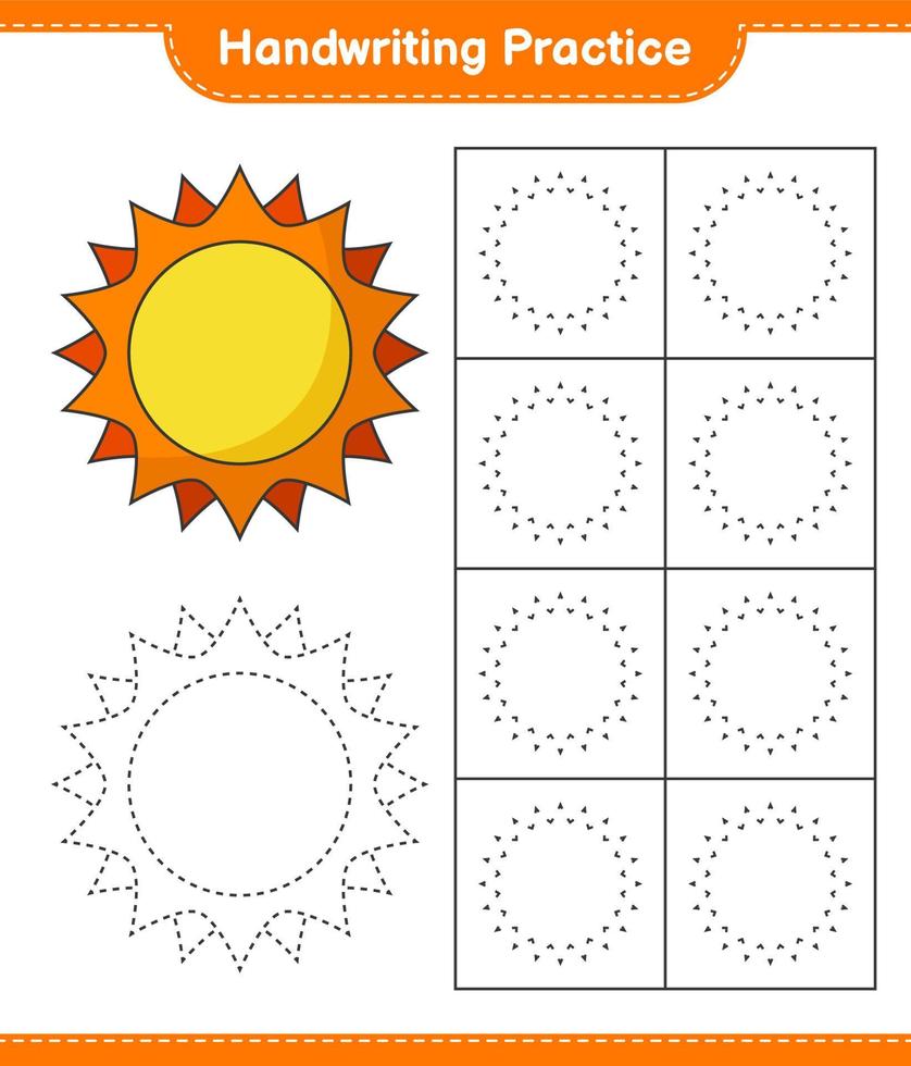 Handwriting practice. Tracing lines of Sun. Educational children game, printable worksheet, vector illustration