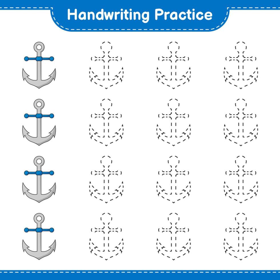 Handwriting practice. Tracing lines of Anchor. Educational children game, printable worksheet, vector illustration