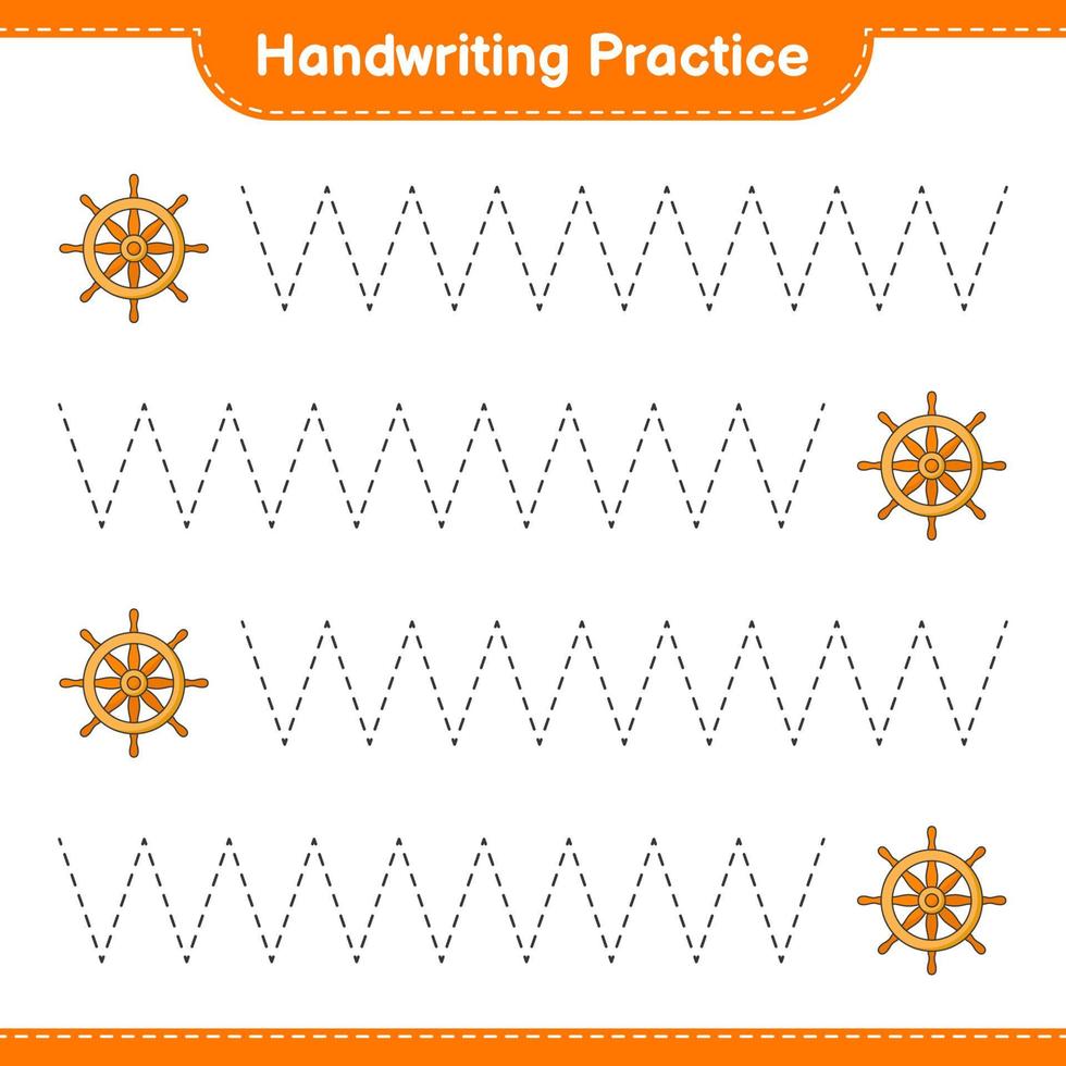 Handwriting practice. Tracing lines of Ship Steering Wheel. Educational children game, printable worksheet, vector illustration