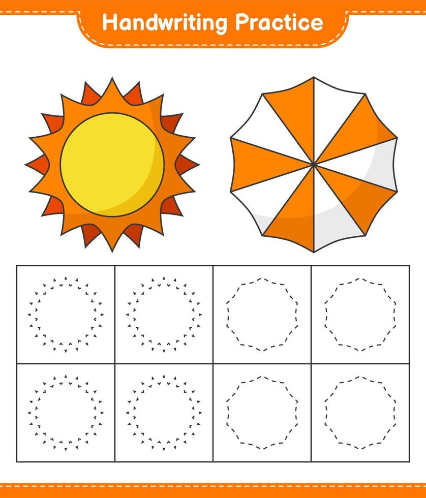 Handwriting practice. Tracing lines of Sun and Umbrella. Educational children game, printable worksheet, vector illustration