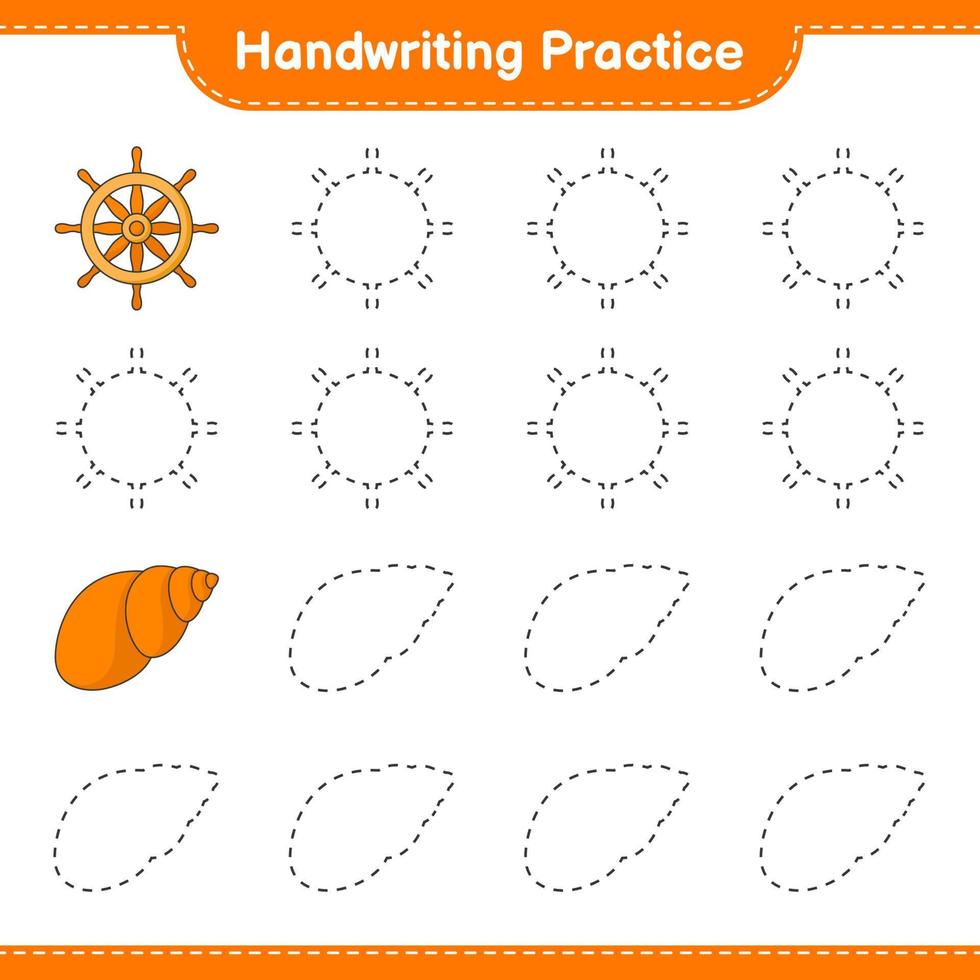 Handwriting practice. Tracing lines of Ship Steering and Sea Shells. Educational children game, printable worksheet, vector illustration