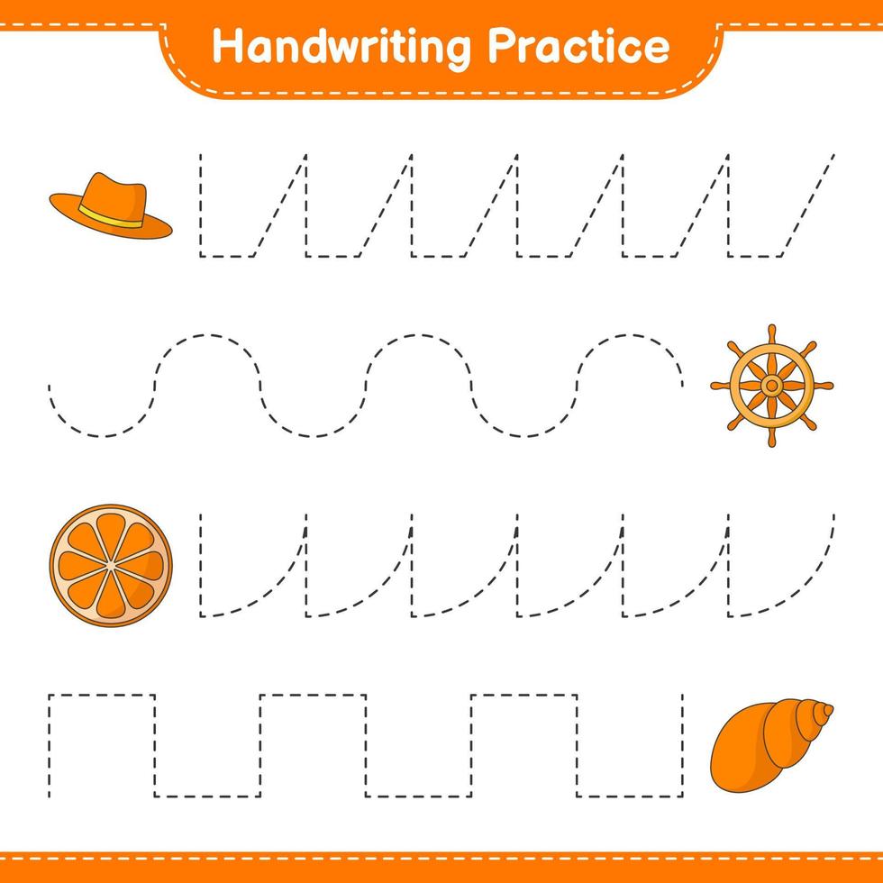 Handwriting practice. Tracing lines of Hat, Orange, Ship Steering, and Sea Shells. Educational children game, printable worksheet, vector illustration