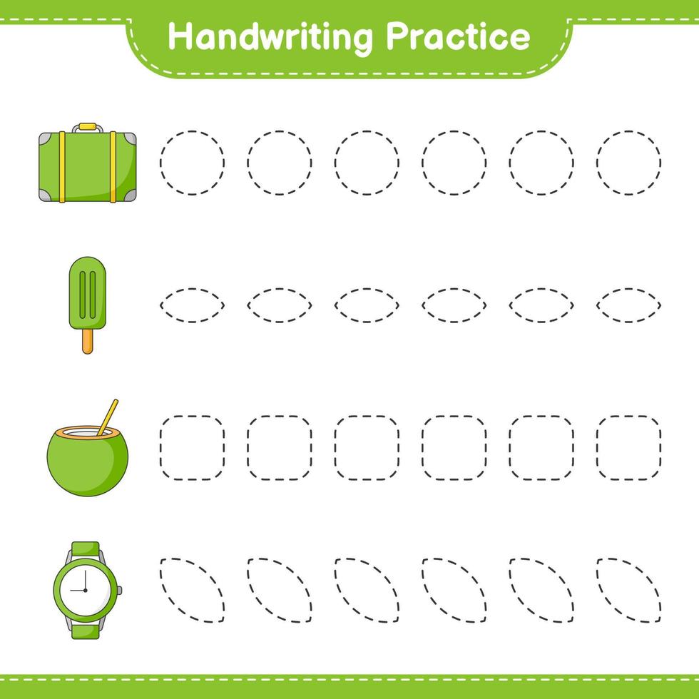 Handwriting practice. Tracing lines of Luggage, Ice Cream, Coconut, and Watches. Educational children game, printable worksheet, vector illustration