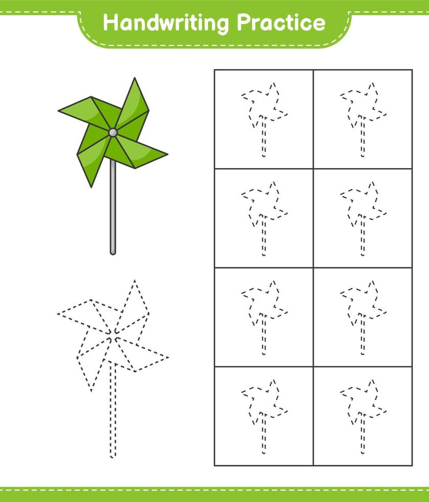 Handwriting practice. Tracing lines of Pinwheels. Educational children game, printable worksheet, vector illustration