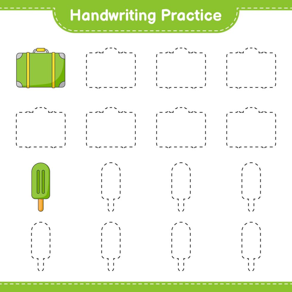 Handwriting practice. Tracing lines of Luggage and Ice Cream. Educational children game, printable worksheet, vector illustration