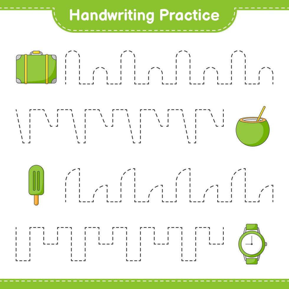 Handwriting practice. Tracing lines of Luggage, Ice Cream, Coconut, and Watches. Educational children game, printable worksheet, vector illustration