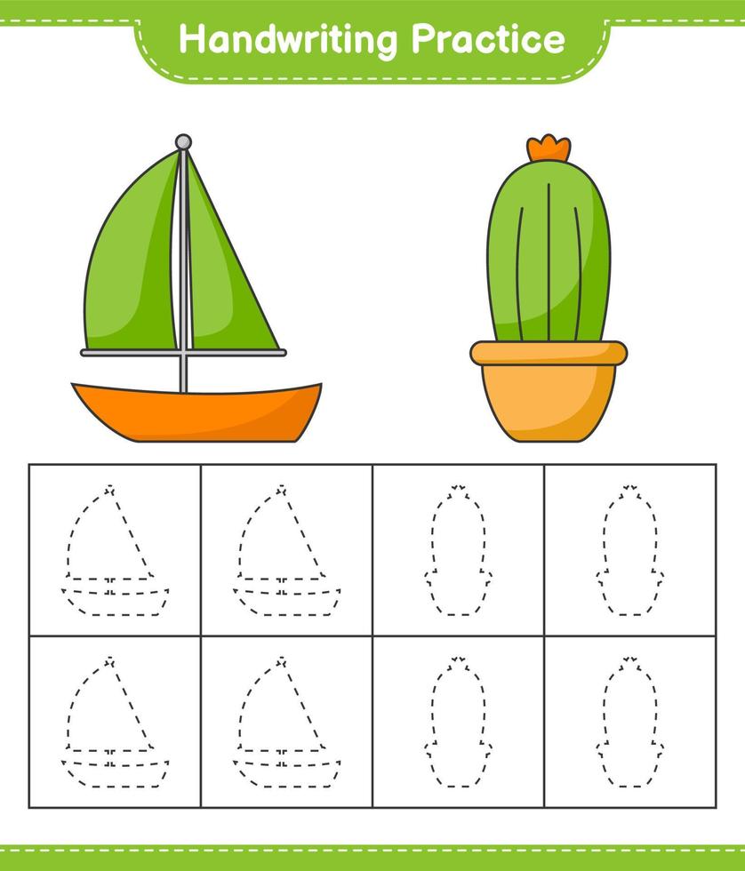 Handwriting practice. Tracing lines of Cactus and Sailboat. Educational children game, printable worksheet, vector illustration