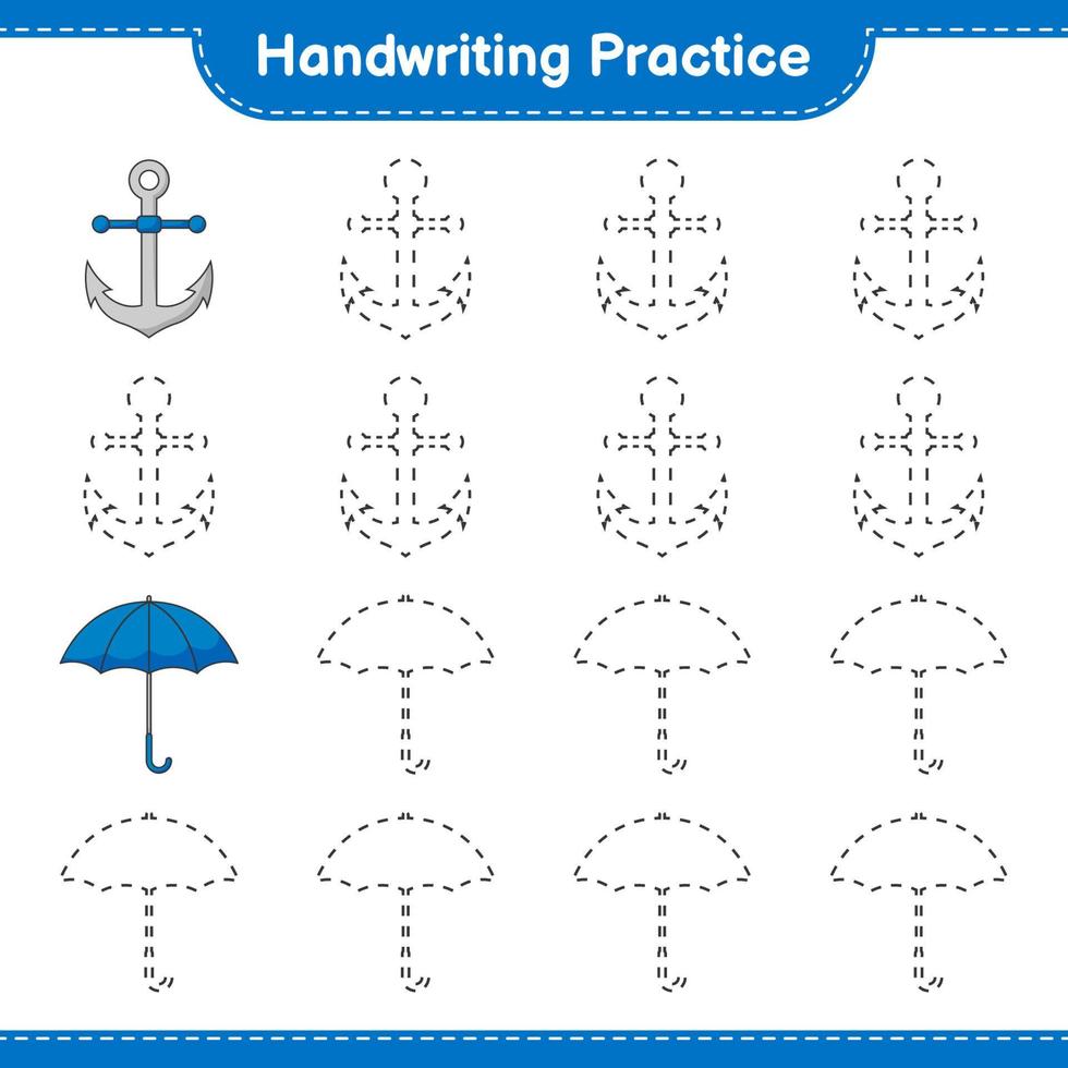Handwriting practice. Tracing lines of Umbrella and Anchor. Educational children game, printable worksheet, vector illustration