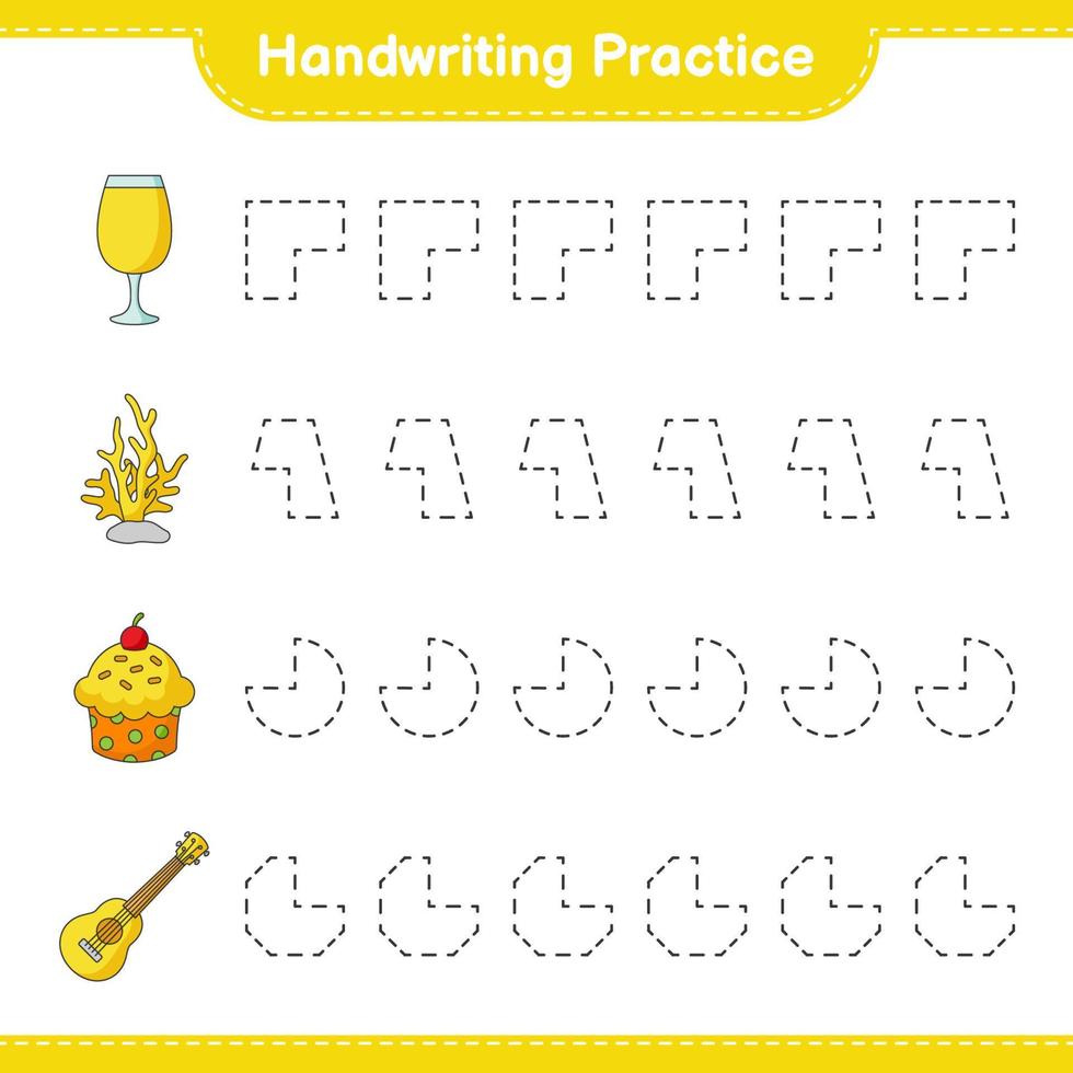 Handwriting practice. Tracing lines of Cocktail, Coral, Cup Cake, and Ukulele. Educational children game, printable worksheet, vector illustration