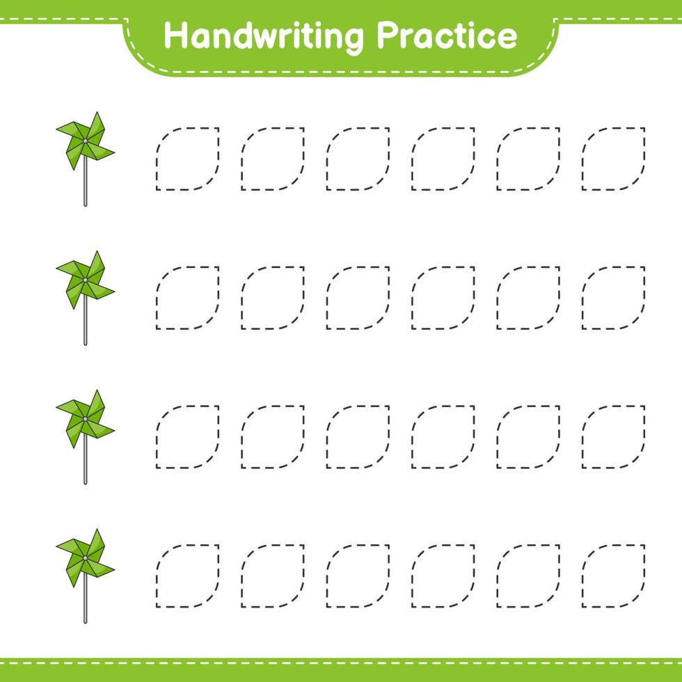 Handwriting practice. Tracing lines of Pinwheels. Educational children game, printable worksheet, vector illustration