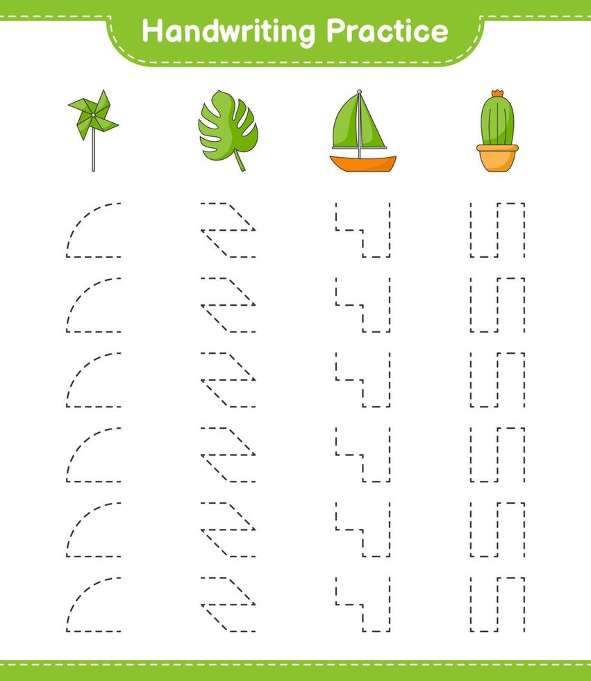 Handwriting practice. Tracing lines of Pinwheels, Cactus, Monstera, and Sailboat. Educational children game, printable worksheet, vector illustration