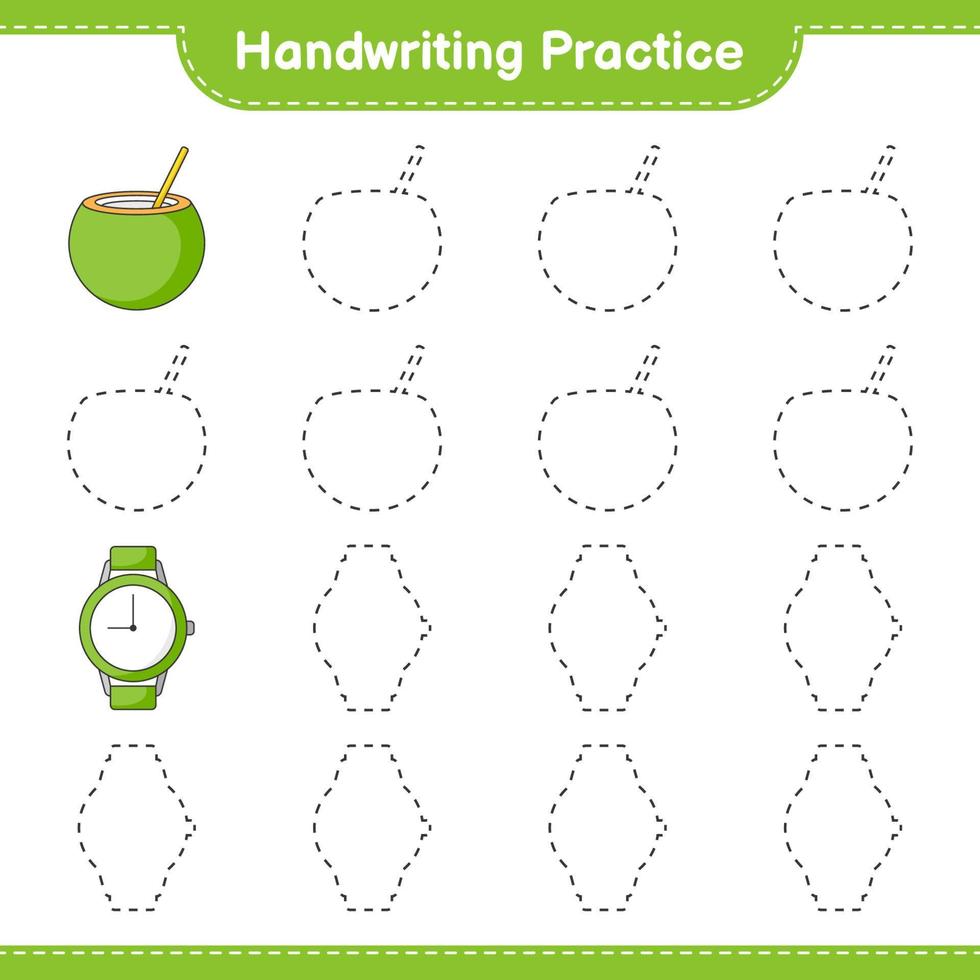 Handwriting practice. Tracing lines of Coconut and Watches. Educational children game, printable worksheet, vector illustration