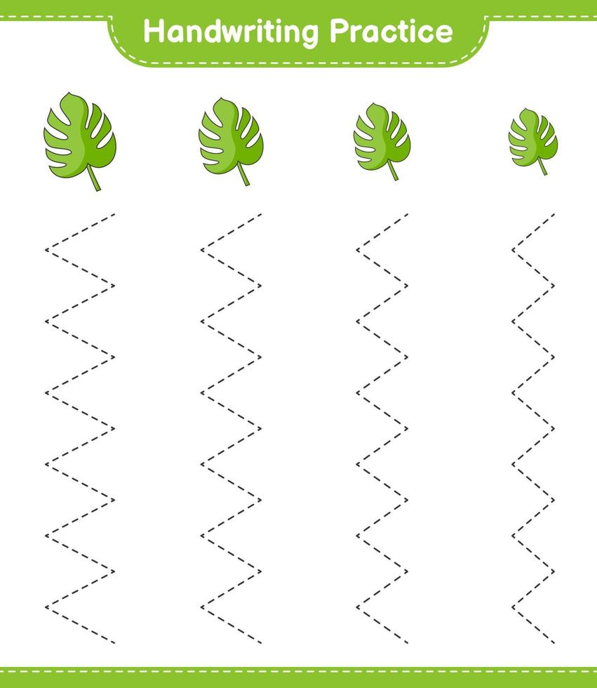 práctica de escritura a mano. trazando líneas de monstera. juego educativo para niños, hoja de cálculo imprimible, ilustración vectorial vector