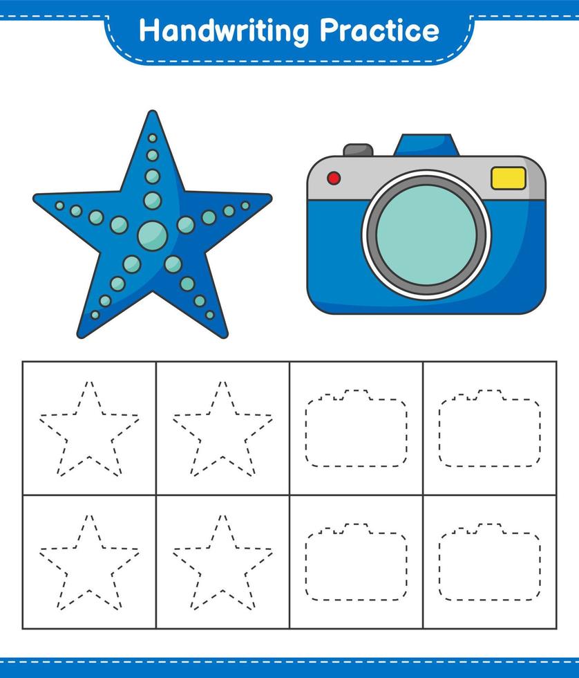 Handwriting practice. Tracing lines of Starfish and Camera. Educational children game, printable worksheet, vector illustration
