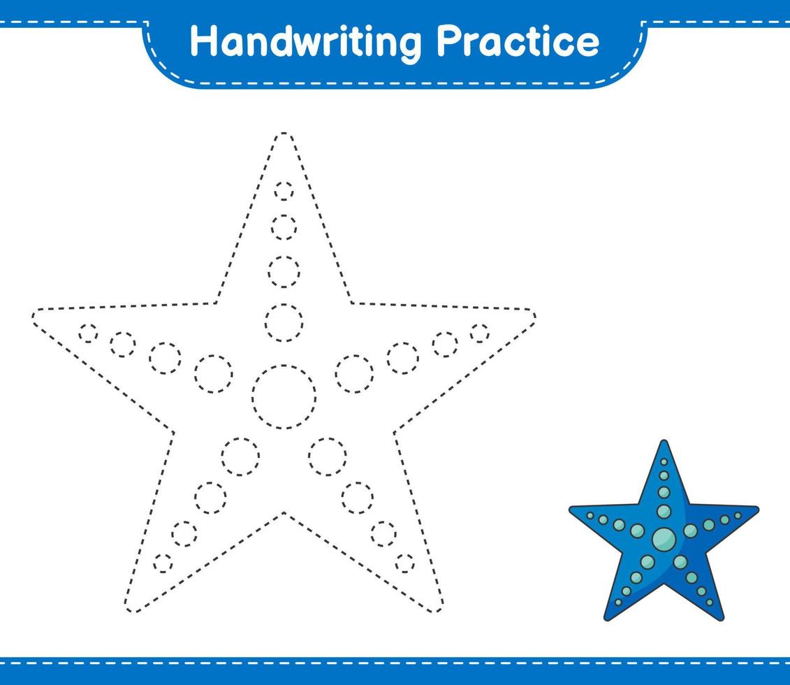 Handwriting practice. Tracing lines of Starfish. Educational children game, printable worksheet, vector illustration