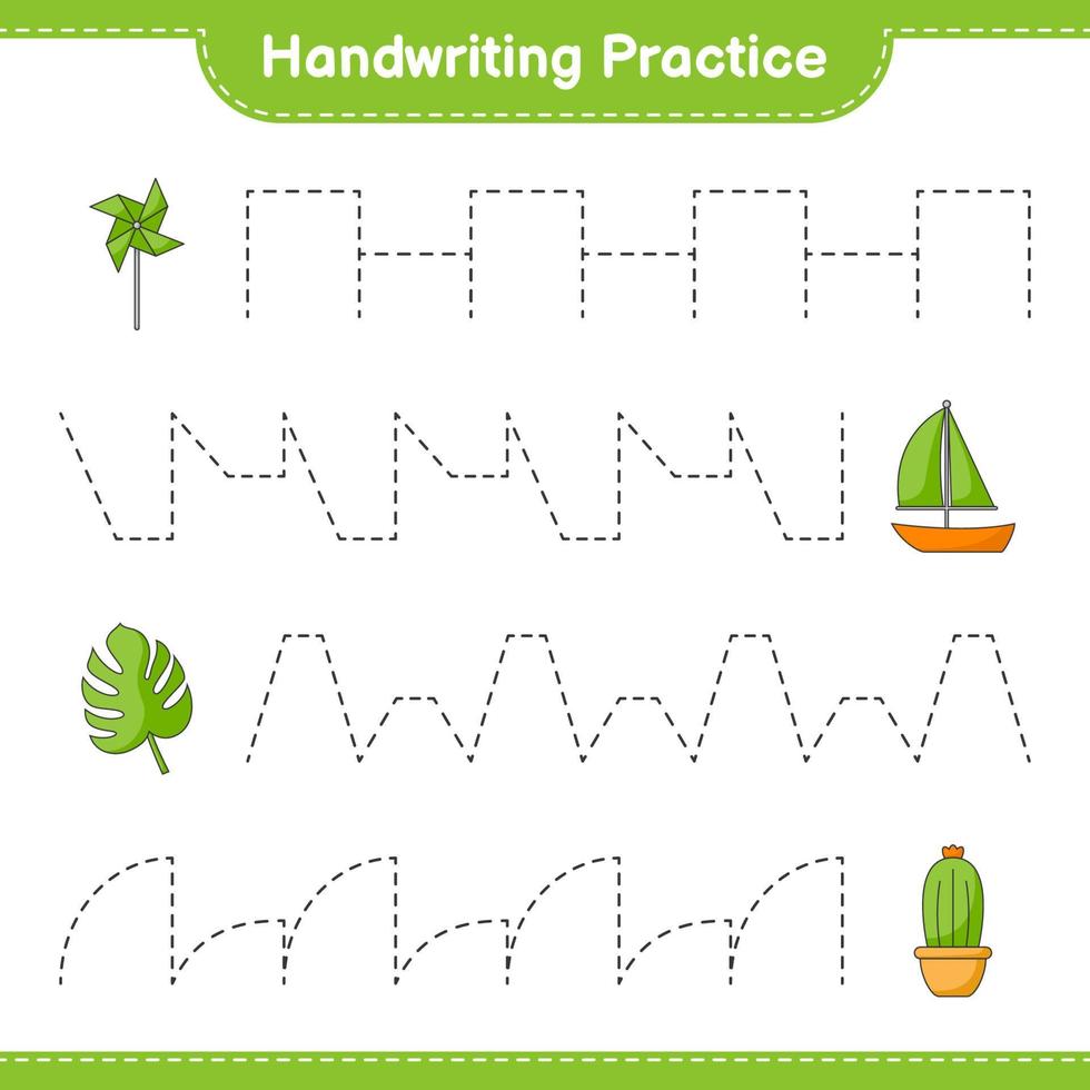 Handwriting practice. Tracing lines of Pinwheels, Cactus, Monstera, and Sailboat. Educational children game, printable worksheet, vector illustration