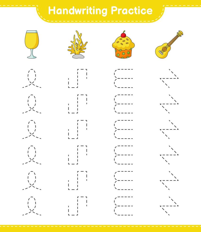 Handwriting practice. Tracing lines of Cocktail, Coral, Cup Cake, and Ukulele. Educational children game, printable worksheet, vector illustration