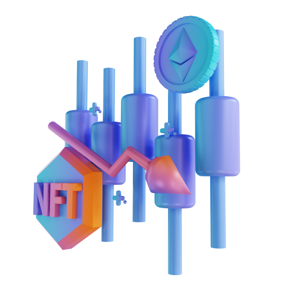 3D illustration NFT and Ethereum candle stick down png