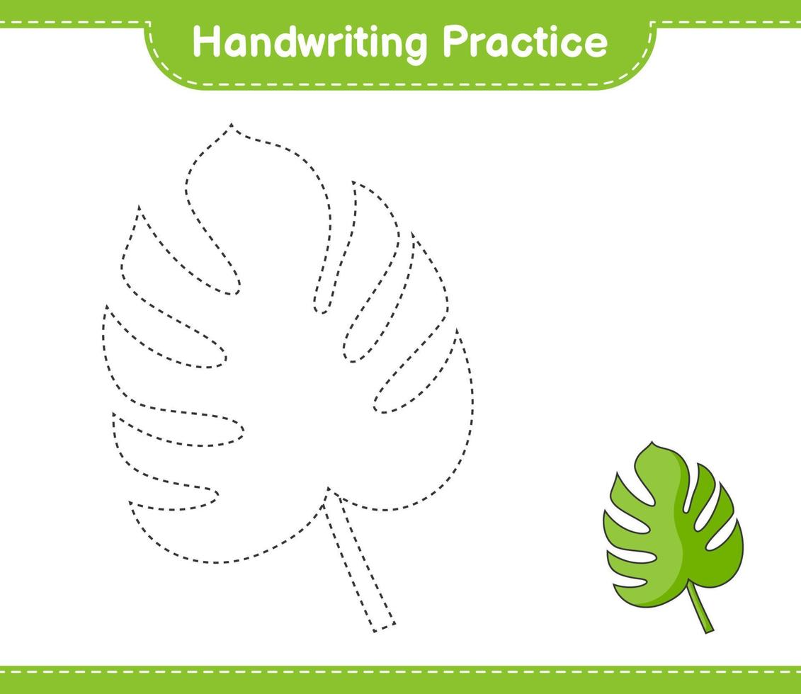 Handwriting practice. Tracing lines of Monstera. Educational children game, printable worksheet, vector illustration