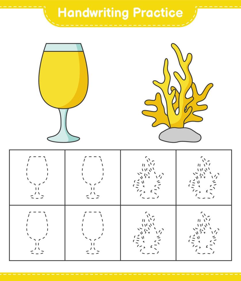 práctica de escritura a mano. trazando líneas de coral y cóctel. juego educativo para niños, hoja de cálculo imprimible, ilustración vectorial vector