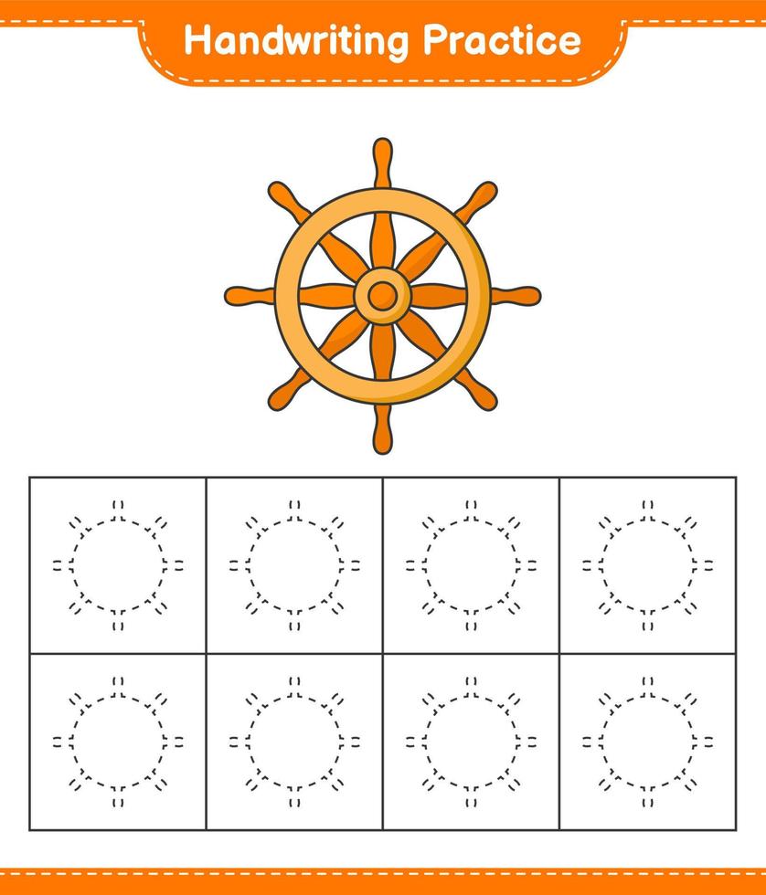 Handwriting practice. Tracing lines of Ship Steering Wheel. Educational children game, printable worksheet, vector illustration